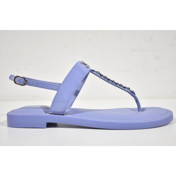 Chanel 22C Purple Patent Silver Chain CC Logo Mule Slide Flat Thong Sandal 37 - Picture 2 of 12